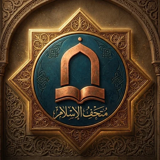 شعار المتحف: نجمة ثمانية ذهبية تحيط بقرص لازوردي عليه محراب نحاسي فوق كتاب مفتوح
