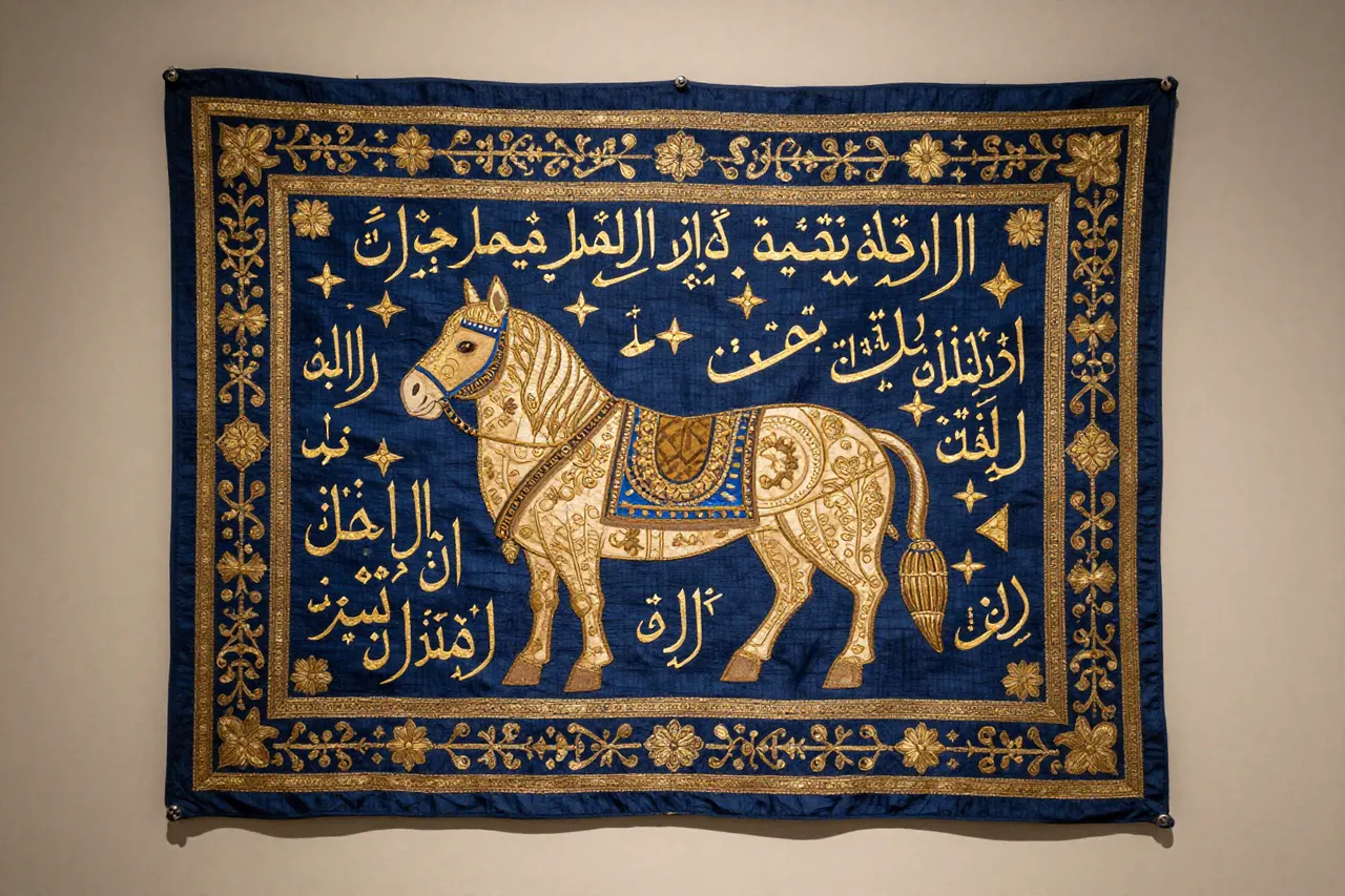 صورة توضيحية مولّدة بالذكاء الاصطناعي مستوحاة من مقتنيات متحف آغا خان لـلوحة مطرزة سوري. المشهد توضيحي ولا يمثل صورة فوتوغرافية للأصل.