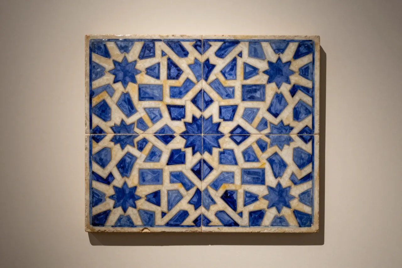 صورة توضيحية مولّدة بالذكاء الاصطناعي مستوحاة من مقتنيات متحف آغا خان لـلوحة بلاط عثماني. المشهد توضيحي ولا يمثل صورة فوتوغرافية للأصل.