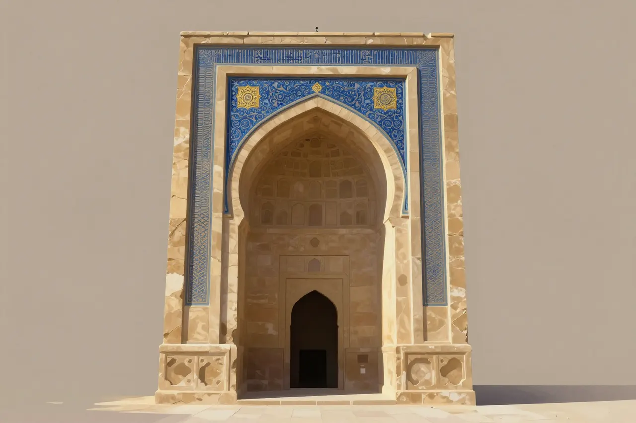 صورة توضيحية مولّدة بالذكاء الاصطناعي لـبوابة مدرسة السلطان حسن. المشهد توضيحي ولا يمثل صورة فوتوغرافية للأصل.