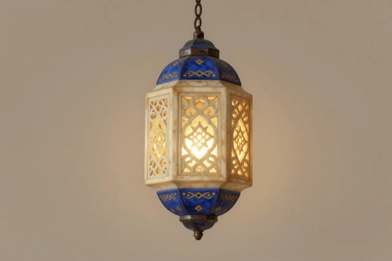 صورة توضيحية مولّدة بالذكاء الاصطناعي لـمشكاة معلّقة مملوكي. المشهد توضيحي ولا يمثل صورة فوتوغرافية للأصل.