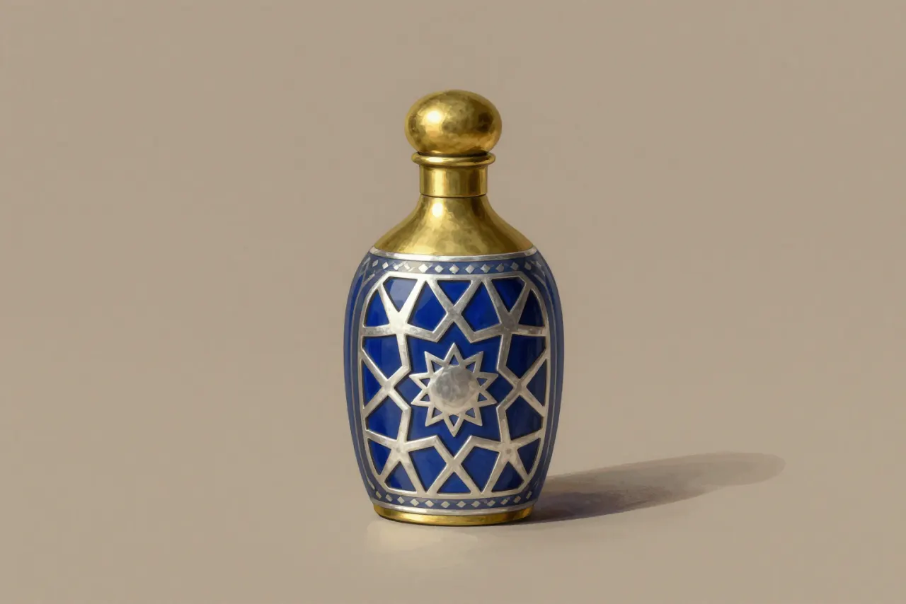 صورة توضيحية مولّدة بالذكاء الاصطناعي لـقارورة عطر عباسي. المشهد توضيحي ولا يمثل صورة فوتوغرافية للأصل.