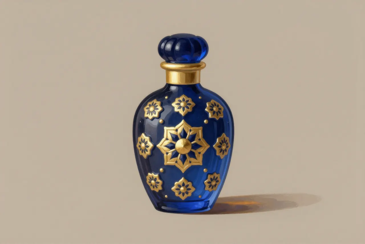 صورة توضيحية مولّدة بالذكاء الاصطناعي لـقارورة عطر عثماني. المشهد توضيحي ولا يمثل صورة فوتوغرافية للأصل.