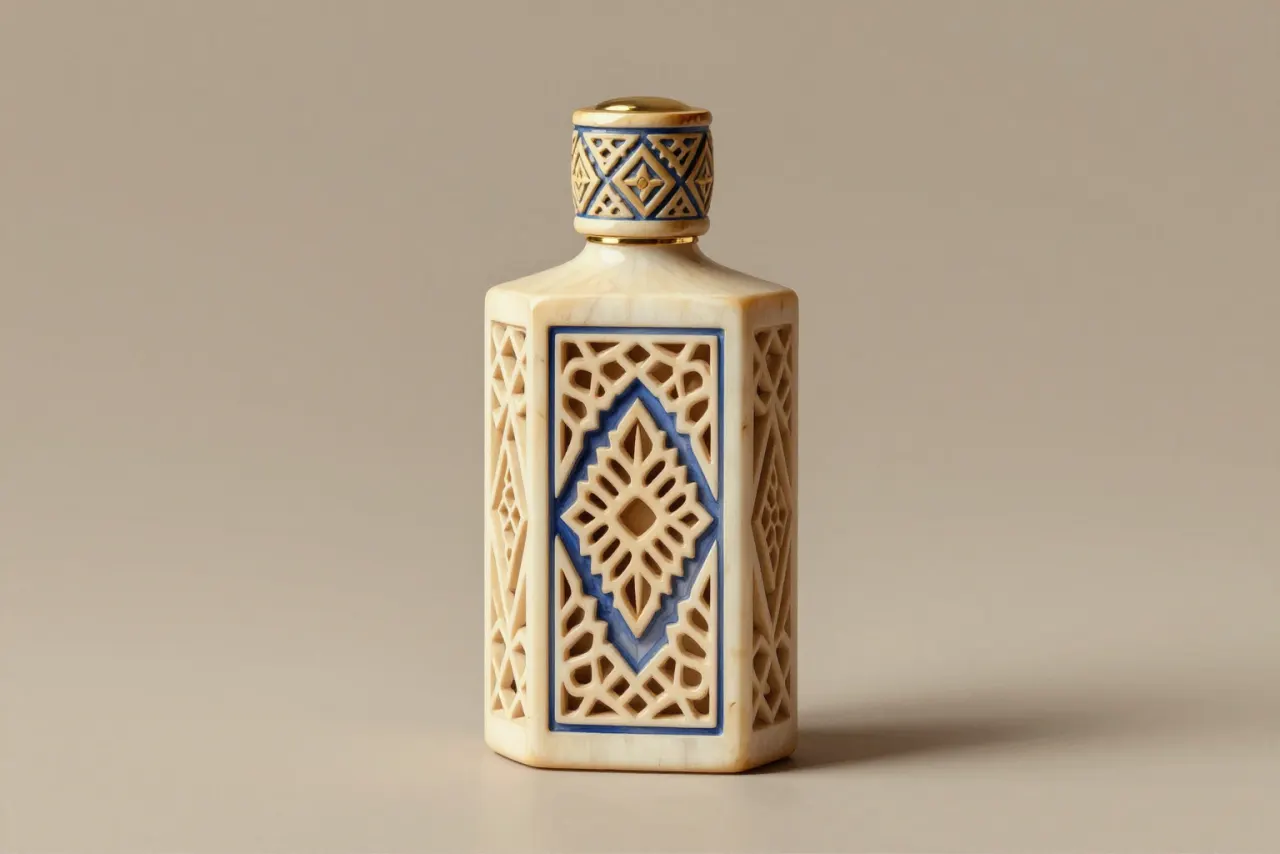 صورة توضيحية مولّدة بالذكاء الاصطناعي لـقارورة عطر موحدي. المشهد توضيحي ولا يمثل صورة فوتوغرافية للأصل.