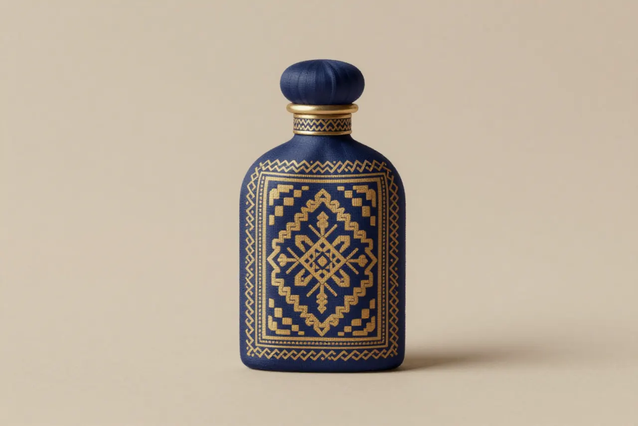 صورة توضيحية مولّدة بالذكاء الاصطناعي لـقارورة عطر مغولي. المشهد توضيحي ولا يمثل صورة فوتوغرافية للأصل.