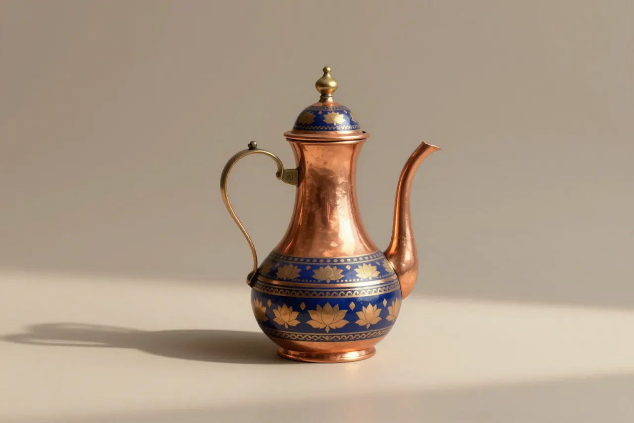 صورة توضيحية مولّدة بالذكاء الاصطناعي لـدلّة قهوة موحدي. المشهد توضيحي ولا يمثل صورة فوتوغرافية للأصل.