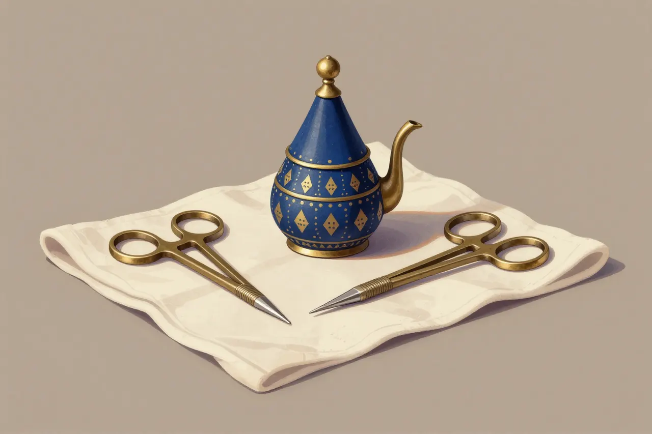 صورة توضيحية مولّدة بالذكاء الاصطناعي لـأدوات جراحية أيوبي. المشهد توضيحي ولا يمثل صورة فوتوغرافية للأصل.