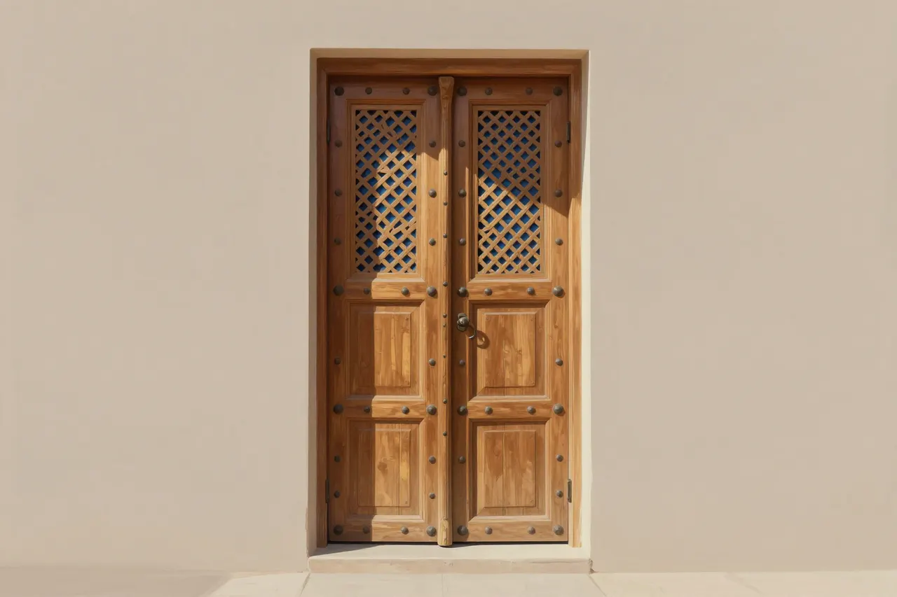 صورة توضيحية مولّدة بالذكاء الاصطناعي لـباب مسمّر مغربي مرابطي. المشهد توضيحي ولا يمثل صورة فوتوغرافية للأصل.
