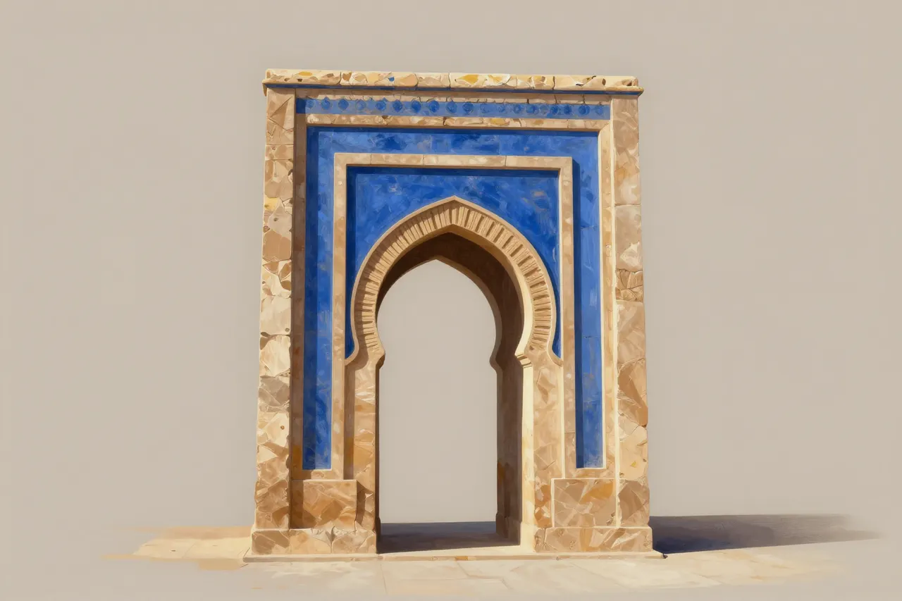 صورة توضيحية مولّدة بالذكاء الاصطناعي لـبوابة الخان مغربي مرابطي. المشهد توضيحي ولا يمثل صورة فوتوغرافية للأصل.