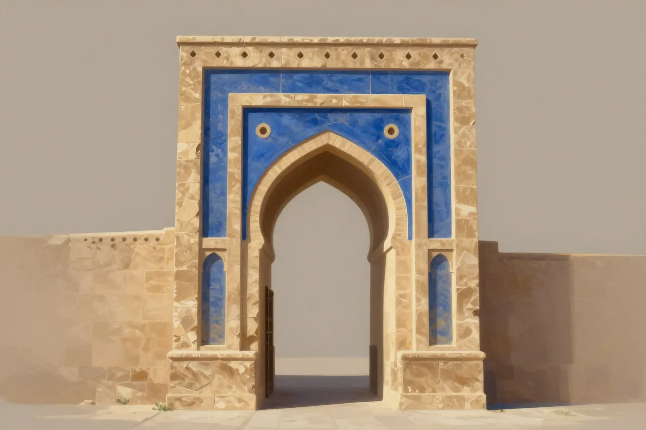 صورة توضيحية مولّدة بالذكاء الاصطناعي لـبوابة الخان أيوبي. المشهد توضيحي ولا يمثل صورة فوتوغرافية للأصل.