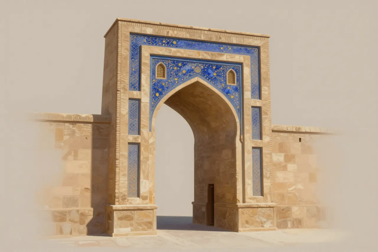 صورة توضيحية مولّدة بالذكاء الاصطناعي لـبوابة الخان إيلخاني. المشهد توضيحي ولا يمثل صورة فوتوغرافية للأصل.