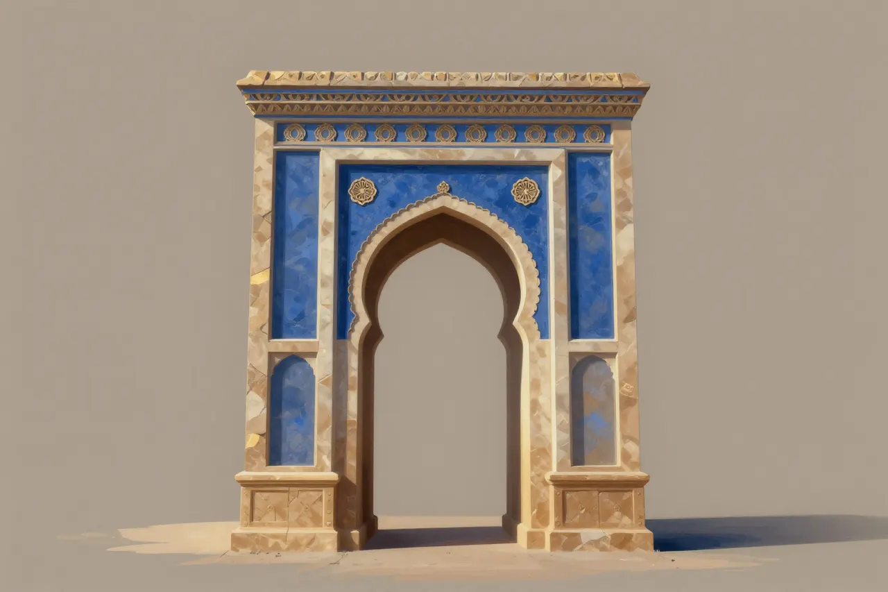 صورة توضيحية مولّدة بالذكاء الاصطناعي لـبوابة الخان ملايو وجاوي. المشهد توضيحي ولا يمثل صورة فوتوغرافية للأصل.