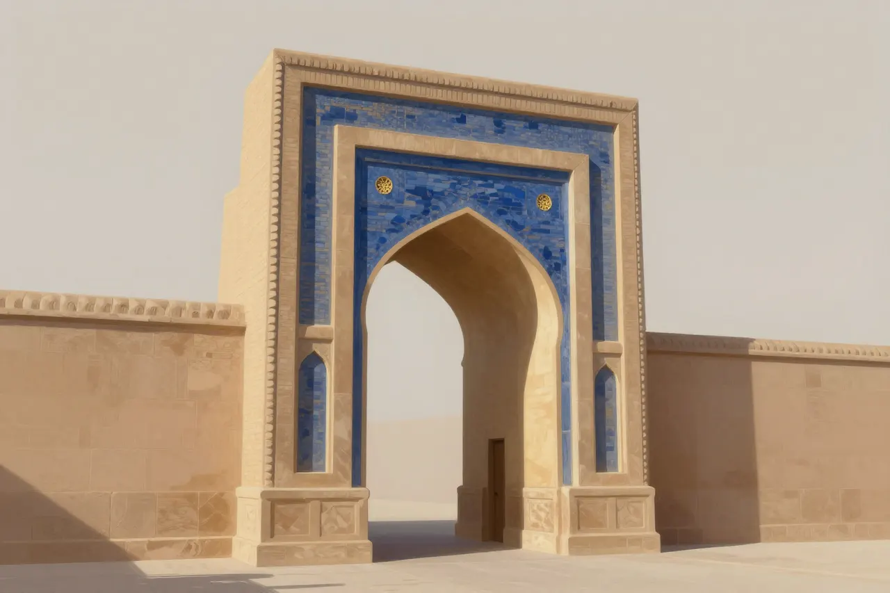 صورة توضيحية مولّدة بالذكاء الاصطناعي لـبوابة الخان مينغ وهوي. المشهد توضيحي ولا يمثل صورة فوتوغرافية للأصل.