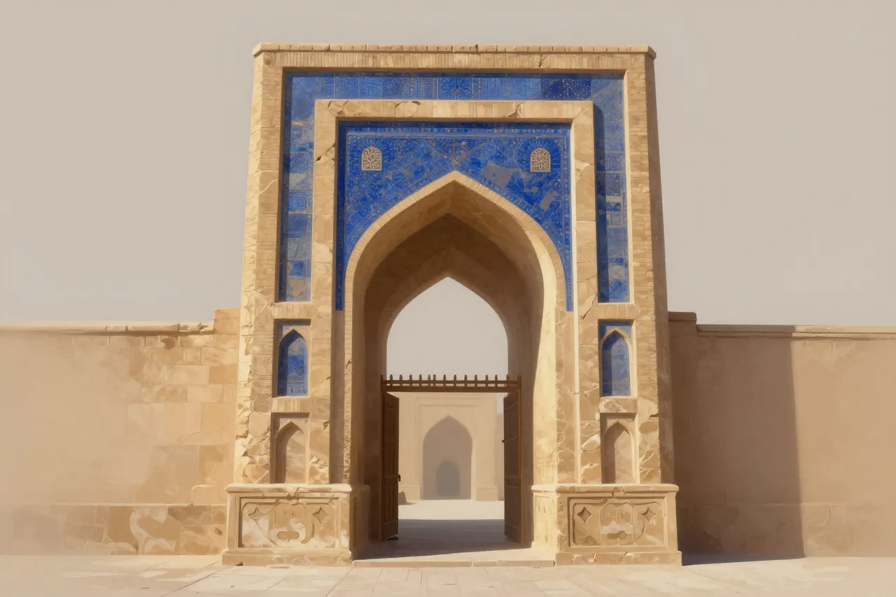 صورة توضيحية مولّدة بالذكاء الاصطناعي لـبوابة الخان سامانيّ. المشهد توضيحي ولا يمثل صورة فوتوغرافية للأصل.