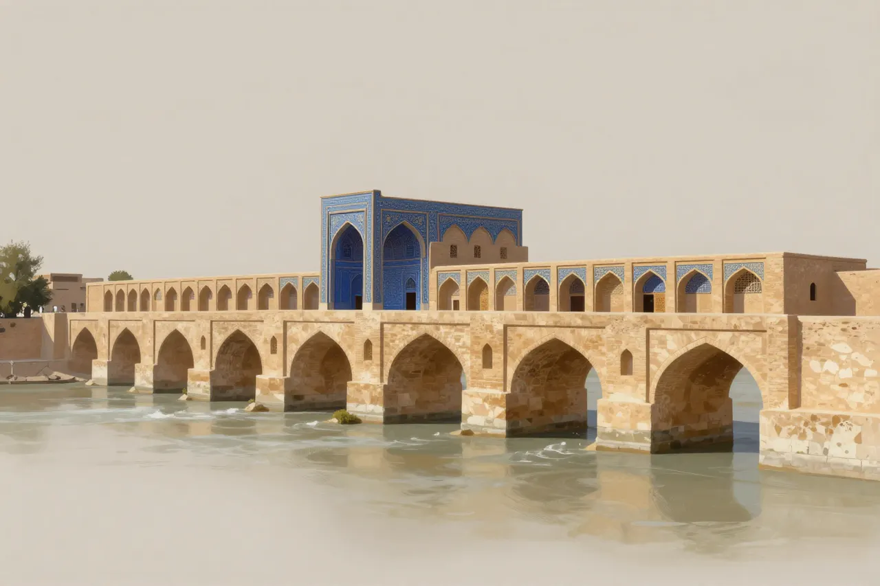 صورة توضيحية مولّدة بالذكاء الاصطناعي لـقناطر جسر يمني. المشهد توضيحي ولا يمثل صورة فوتوغرافية للأصل.