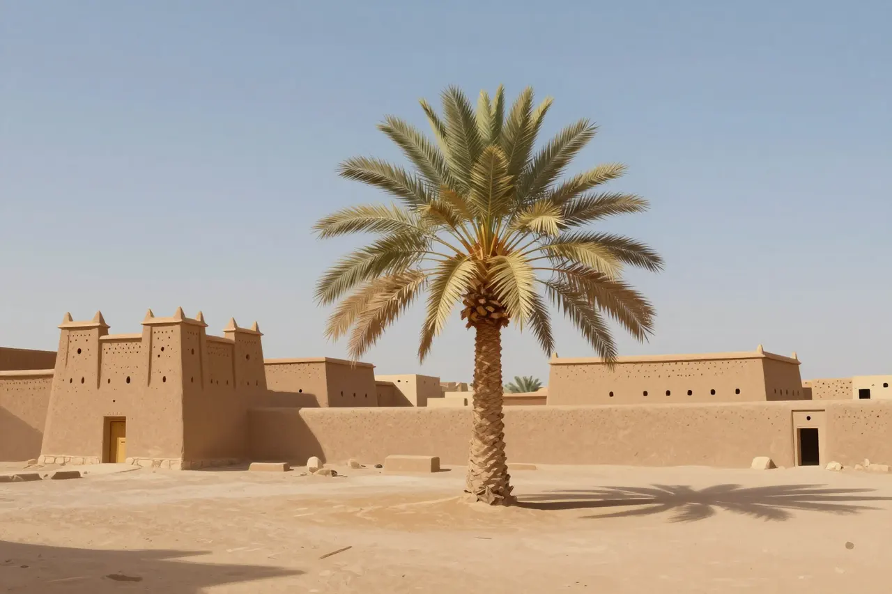 صورة توضيحية مولّدة بالذكاء الاصطناعي لـواحة نخيل يمني. المشهد توضيحي ولا يمثل صورة فوتوغرافية للأصل.