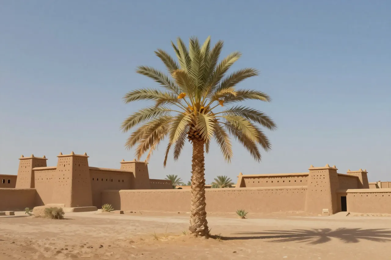صورة توضيحية مولّدة بالذكاء الاصطناعي لـواحة نخيل مغربي مرابطي. المشهد توضيحي ولا يمثل صورة فوتوغرافية للأصل.