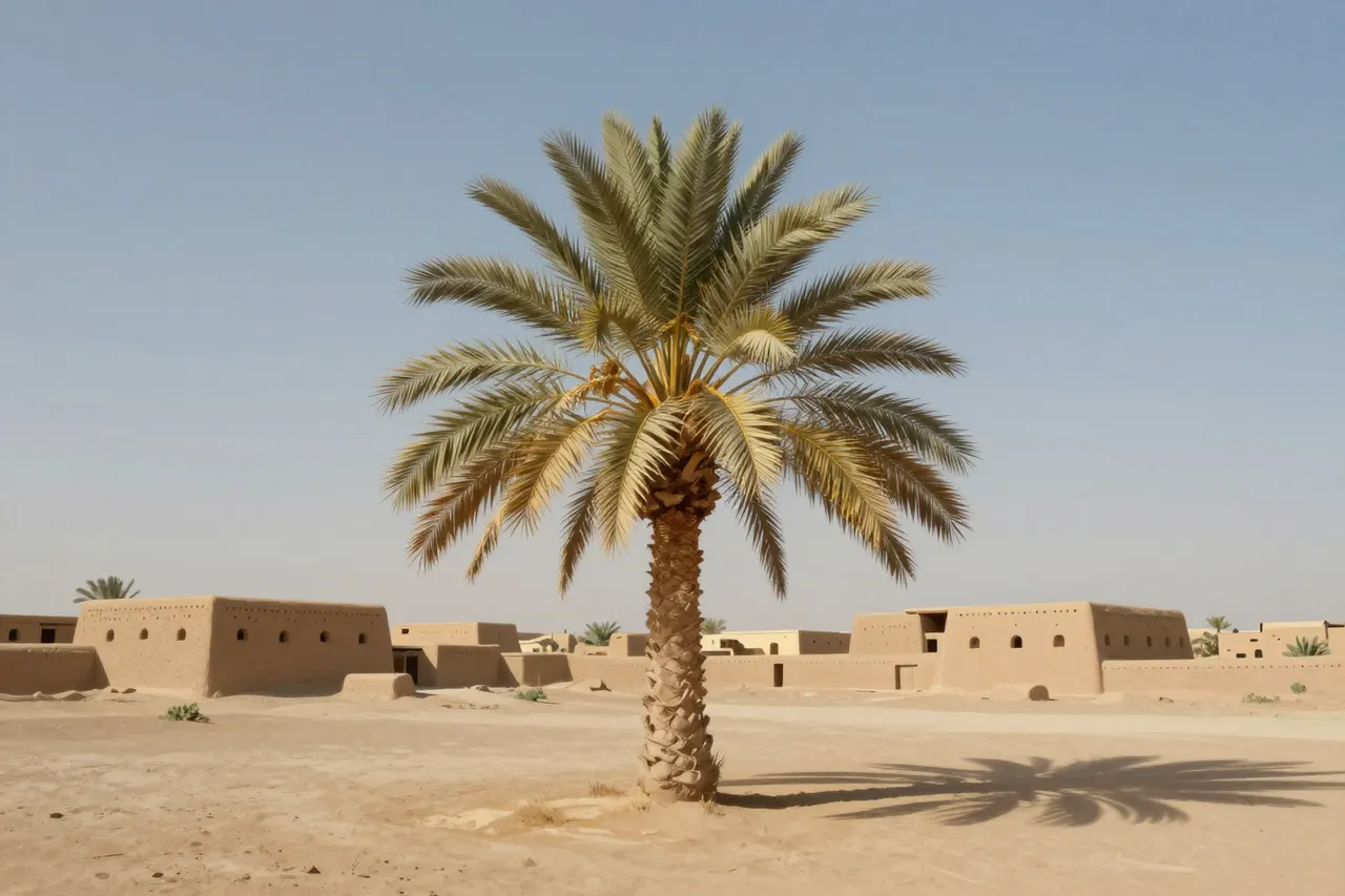 صورة توضيحية مولّدة بالذكاء الاصطناعي لـواحة نخيل أيوبي. المشهد توضيحي ولا يمثل صورة فوتوغرافية للأصل.
