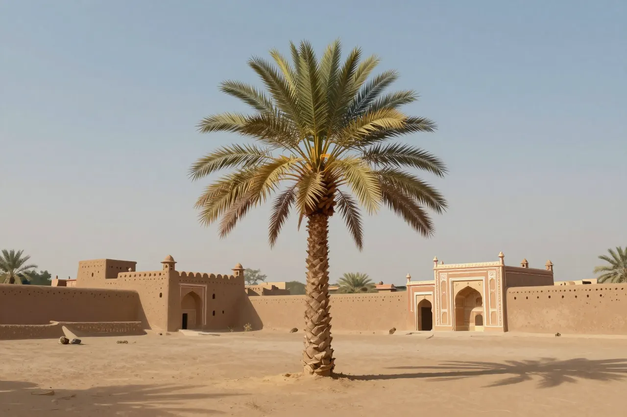 صورة توضيحية مولّدة بالذكاء الاصطناعي لـواحة نخيل سلطنة دلهي. المشهد توضيحي ولا يمثل صورة فوتوغرافية للأصل.