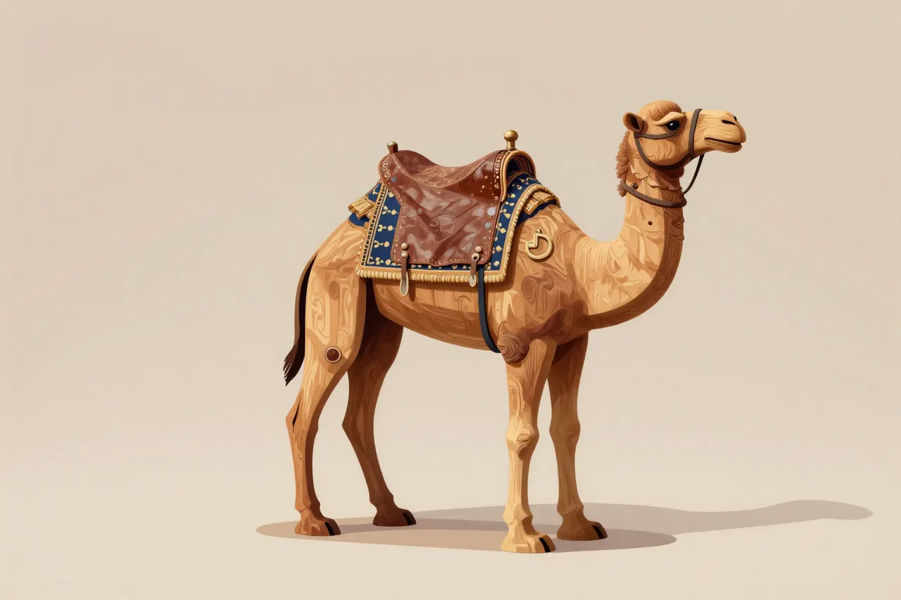 صورة توضيحية مولّدة بالذكاء الاصطناعي لـجمل خشبي للعب. المشهد توضيحي ولا يمثل صورة فوتوغرافية للأصل.