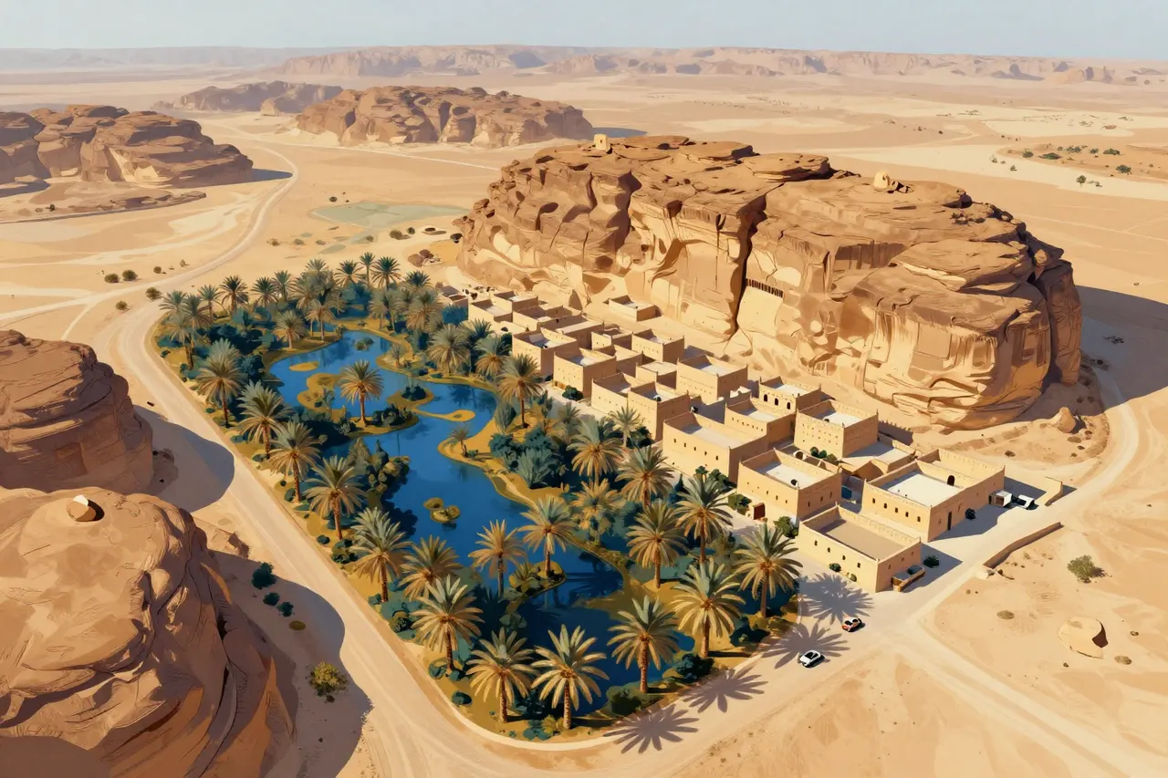 صورة توضيحية مولّدة بالذكاء الاصطناعي لـالعلا. المشهد توضيحي ولا يمثل صورة فوتوغرافية للأصل.