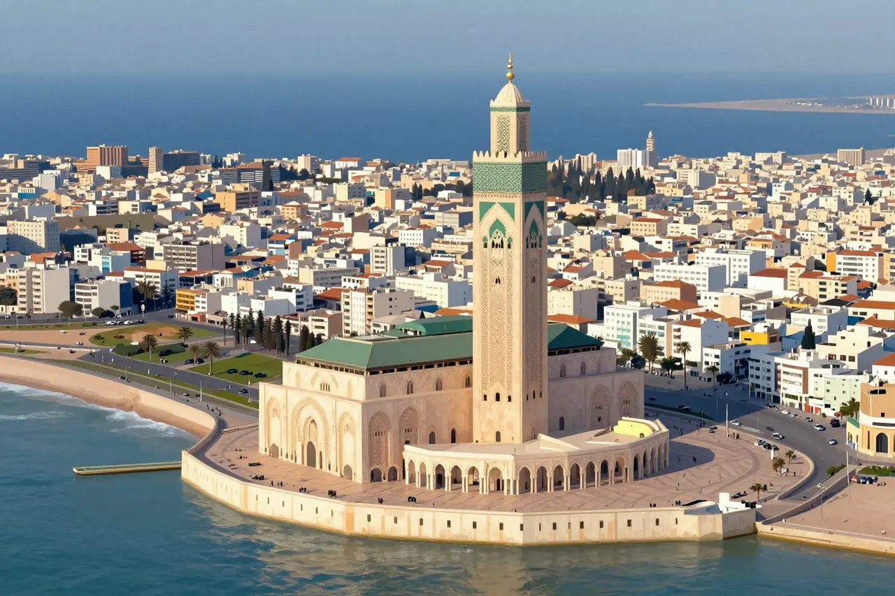 صورة توضيحية مولّدة بالذكاء الاصطناعي لـالدار البيضاء. المشهد توضيحي ولا يمثل صورة فوتوغرافية للأصل.