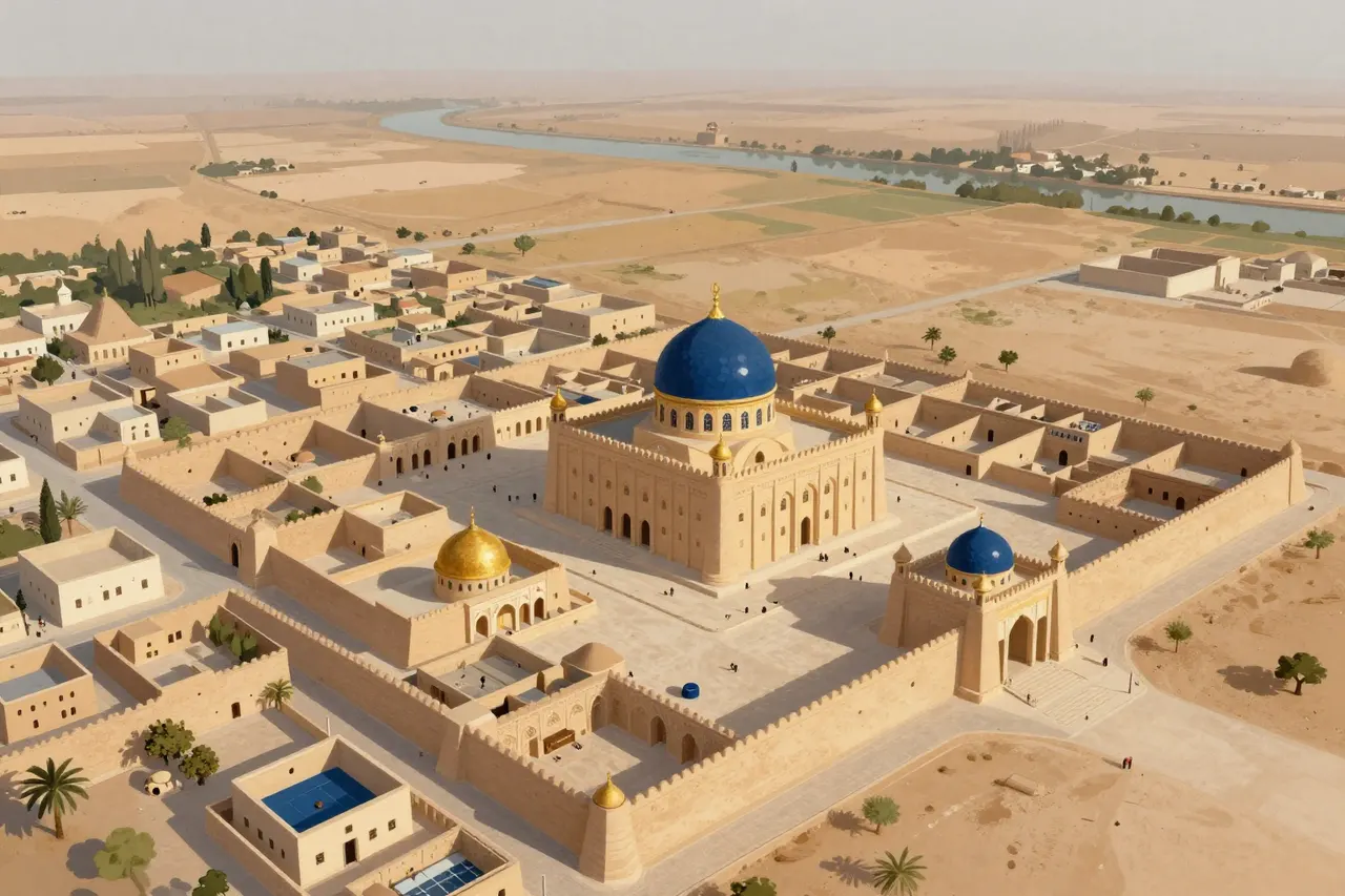 صورة توضيحية مولّدة بالذكاء الاصطناعي لـالكوفة. المشهد توضيحي ولا يمثل صورة فوتوغرافية للأصل.