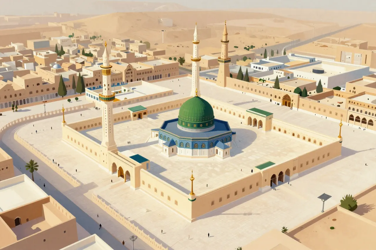 صورة توضيحية مولّدة بالذكاء الاصطناعي لـالمدينة المنورة. المشهد توضيحي ولا يمثل صورة فوتوغرافية للأصل.