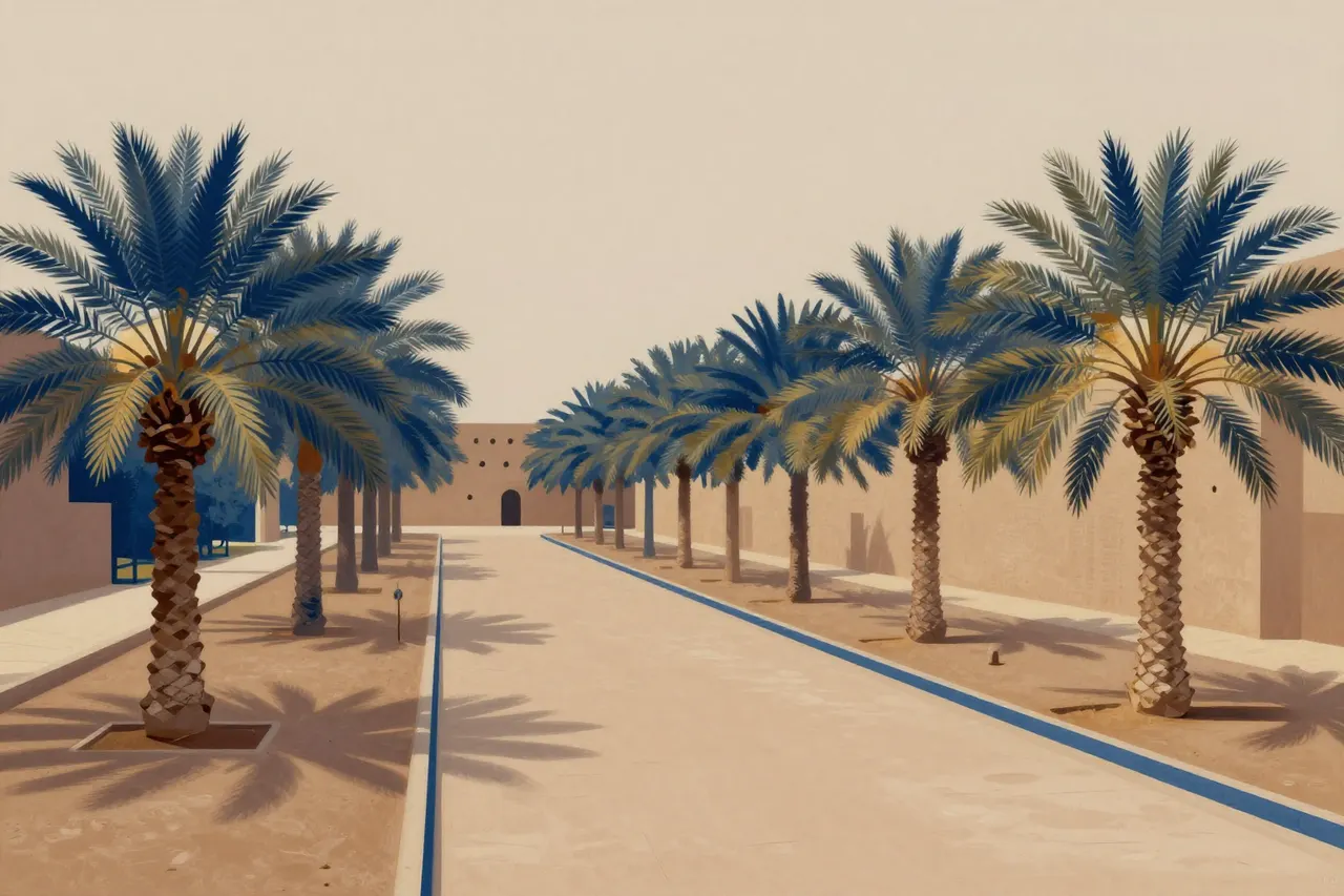 صورة توضيحية مولّدة بالذكاء الاصطناعي لـبستان نخيل. المشهد توضيحي ولا يمثل صورة فوتوغرافية للأصل.