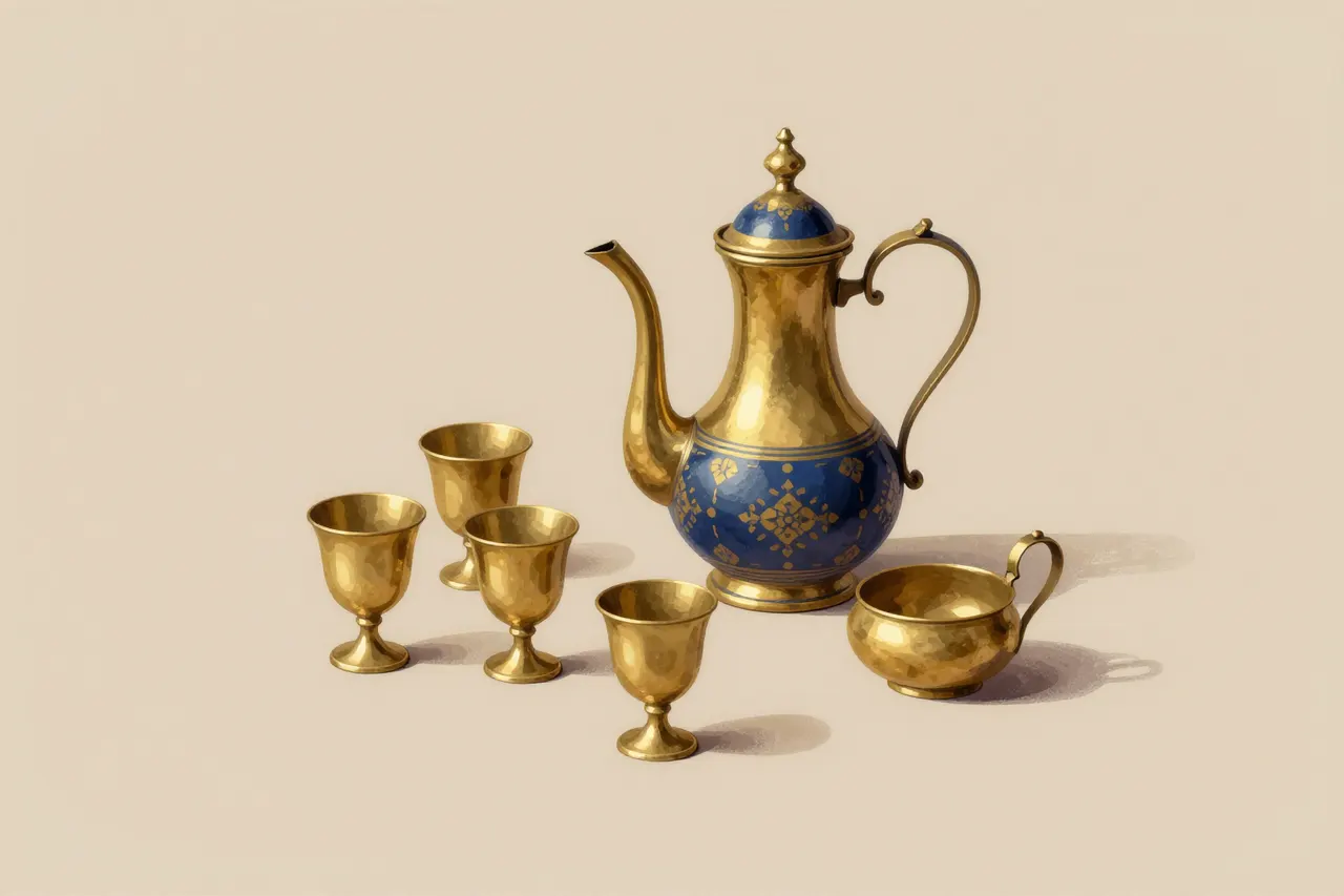 صورة توضيحية مولّدة بالذكاء الاصطناعي لـطقم شاي مصغر. المشهد توضيحي ولا يمثل صورة فوتوغرافية للأصل.