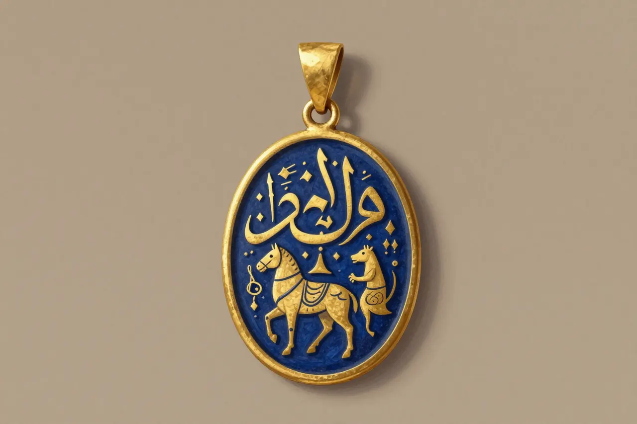صورة توضيحية مولّدة بالذكاء الاصطناعي لـقلادة عطر أموي. المشهد توضيحي ولا يمثل صورة فوتوغرافية للأصل.