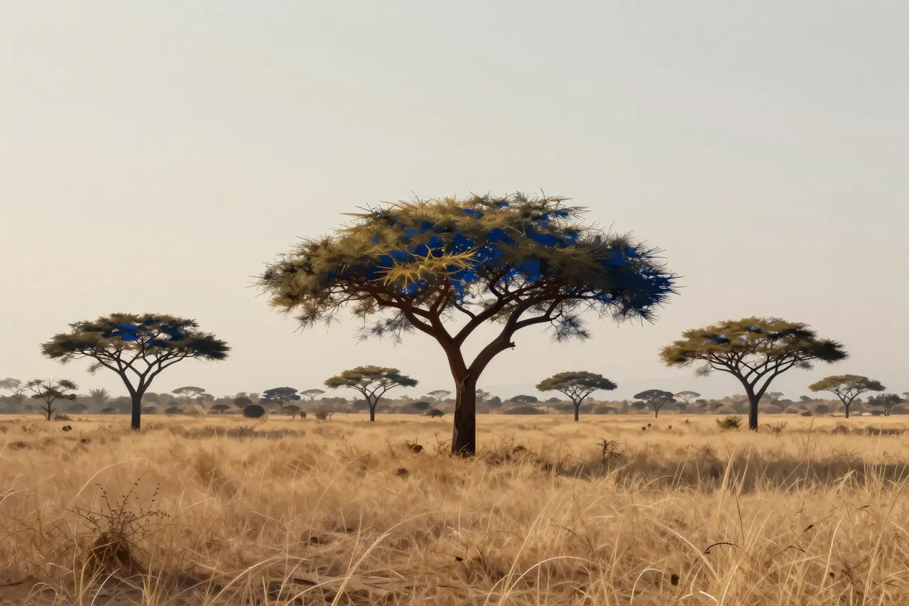 صورة توضيحية مولّدة بالذكاء الاصطناعي لـسافانا الساحل. المشهد توضيحي ولا يمثل صورة فوتوغرافية للأصل.