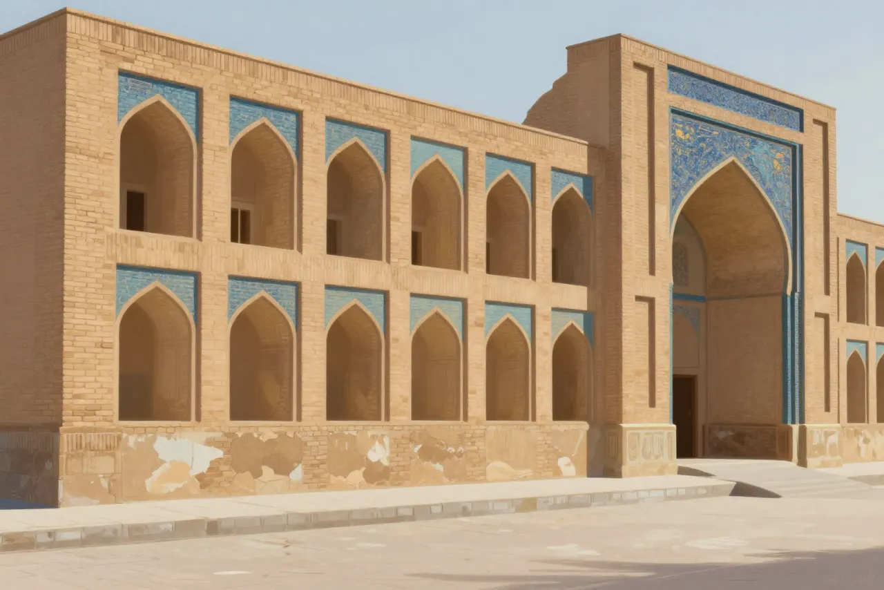 صورة توضيحية مولّدة بالذكاء الاصطناعي لـالمدرسة المستنصرية في بغداد. المشهد توضيحي ولا يمثل صورة فوتوغرافية للأصل.