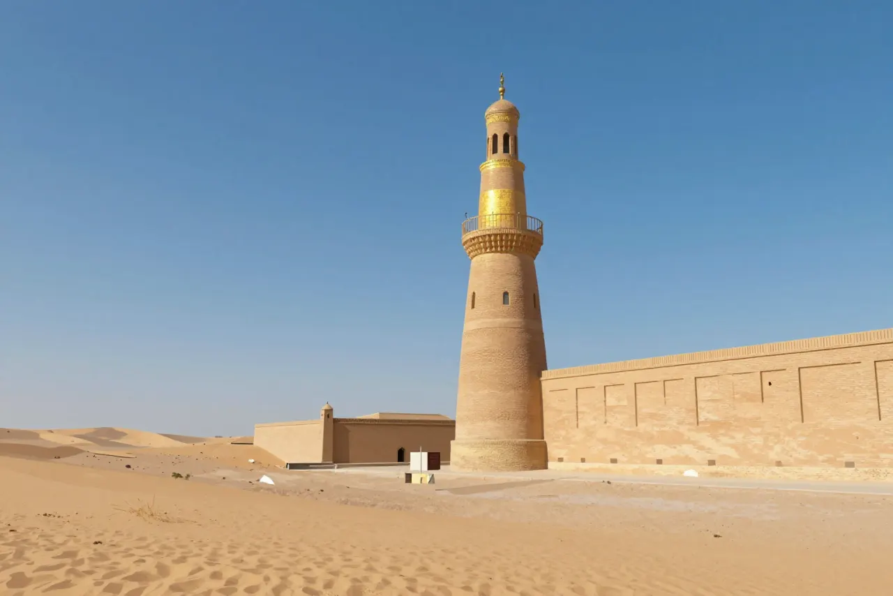 صورة توضيحية مولّدة بالذكاء الاصطناعي لـالمئذنة الملوية في سامراء. المشهد توضيحي ولا يمثل صورة فوتوغرافية للأصل.