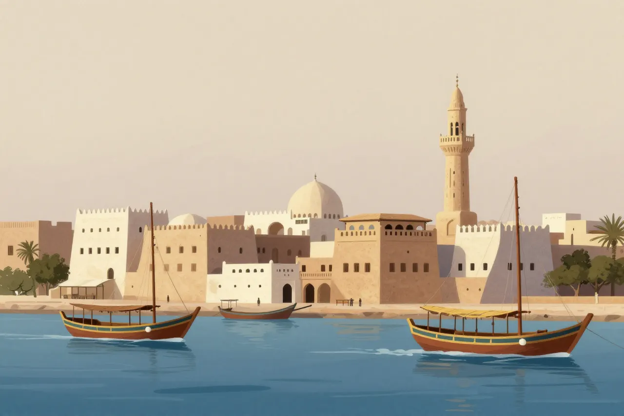 صورة توضيحية مولّدة بالذكاء الاصطناعي لـميناء زيلع. المشهد توضيحي ولا يمثل صورة فوتوغرافية للأصل.