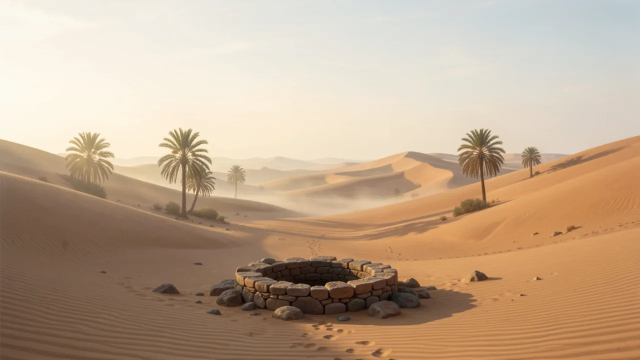 A desert valley near Badr at first light, with a shallow stone well among palms; no people. The scene is illustrative and does not show the battle positions.